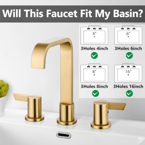 Brushed Gold Bathroom Faucet 3 Hole 8 Inch Widespread Waterfall | 2-Handle Vanity Faucet, Pop-Up Drain, Supply Lines, Adjustable 4- to 16-Inch Widespread Fit, 360° Swivel Spout - color: Brushed Gold