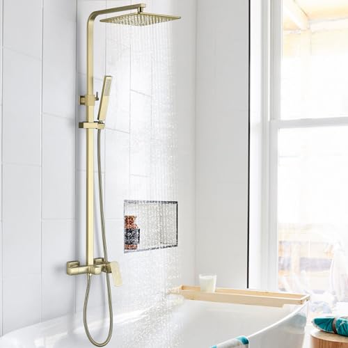 RBROHANT Brushed Gold Exposed Shower System with Tub Spout, Exposed Shower Fixtures for Bathroom with Brass 3-Functional Valve, Shower Height Adjustable, Wall Mounted - color: Brushed Gold