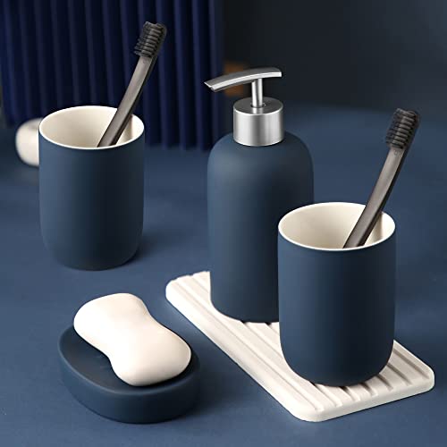 Bathroom Accessories Set, Blue, 4 Pieces | Vanity Countertop Ceramic, Lotion Dispenser Soap Pump, 2 Tumbler, Soap Dish