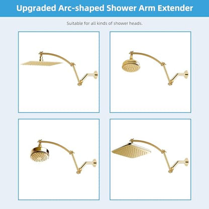 Hibbent All Metal 16'' Shower Head Extension Arm, Brushed Brass | Solid Brass Adjustable Shower Arm with Lock Joint, Flexible Height & Angle, Universal Connection Shower Head Extender - color: Brushed Brass, size: 16 Inch