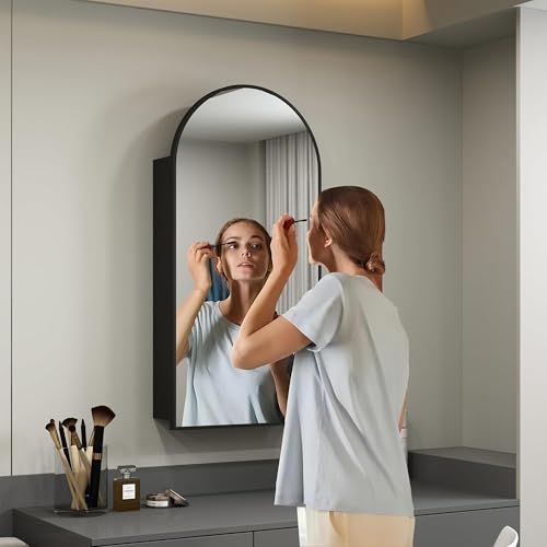 Arched Medicine Cabinet, Recessed Medicine Cabinet Surface Mount Medicine Cabinet with Mirror and Adjustable Shelves Medicine Cabinet Wall Mounted Bathroom Mirror Cabinet, 24x36 Inch (Black) - color: Black