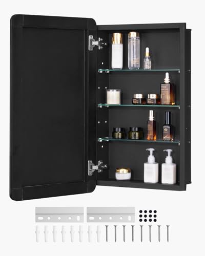VEVOR Medicine Cabinet, 16.5 x 27.5 inch, Medicine Cabinet for Bathroom with Mirror, Aluminum Frame Bathroom Wall Cabinet, 3-Layer Adjustable Shelves, Recessed & Wall-Mounted Installation - size: 16.5x27.5in