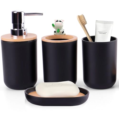 Black Bathroom Accessories Sets Complete Toothbrush Holder Black Soap Dispenser Toothbrush Cup Soap Dish Rustic Farmhouse Bathroom Accessories Decor Essentials Bathroom Kit（Black）, ystz-001 - size: black