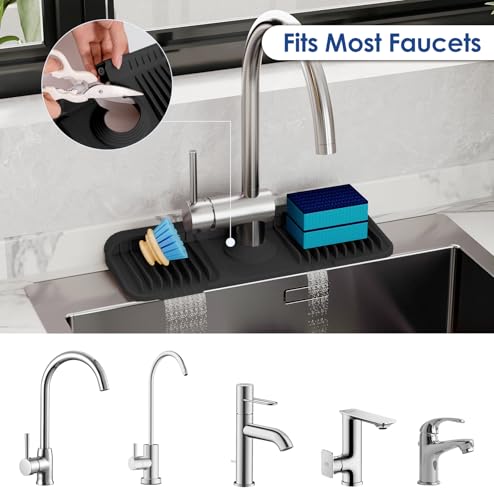 14.6 Inch Silicone Faucet Mat for Kitchen Sink Splash Guard, 7° Slope | 14.6"x5.5" water draining mat with fasten button; 1.6-2.75" customizable hole for bathroom, RV & kitchen sink drip catcher.