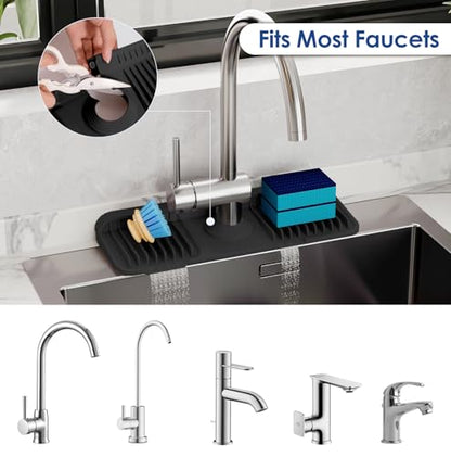 14.6 Inch Silicone Faucet Mat for Kitchen Sink Splash Guard, 7° Slope | 14.6"x5.5" water draining mat with fasten button; 1.6-2.75" customizable hole for bathroom, RV & kitchen sink drip catcher.