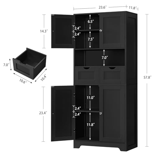 Iwell 57.8" H Tall Storage Cabinet with 2 Drawers & 2 Adjustable Shelves, Kitchen Cabinet with 4 Doors, Tall Cabinet for Living Room, Dining Room, Entryway, Black - color: Black-4 Shelves