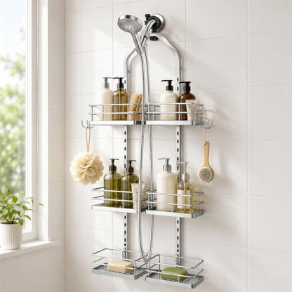 3-Tier Hanging Shower Caddy, Stainless Steel with Dual Clamp, Silver | Heavy-duty stainless steel, adjustable shelves for large families, Rustproof, tool-free install, Fits handheld showerheads - color: 3 Tier-Silver