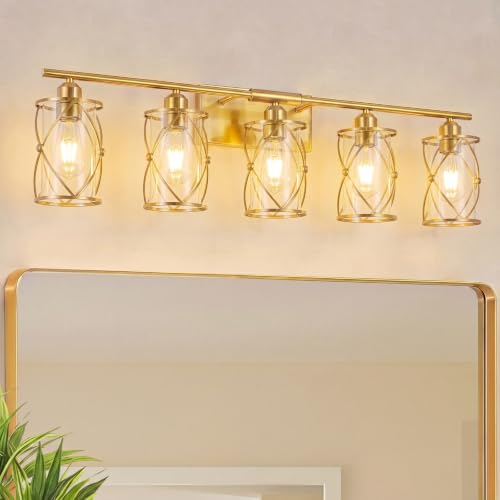 5-Light Brushed Gold Bathroom Light Fixtures Over Mirror, 38" UL-Listed Modern Wall Sconce Lights with Clear Glass and Metal Cage for Bath, Hardwire E26, CH9176BG-5W - color: Gold + Clear Glass, size: 5-Light, 38.5" L