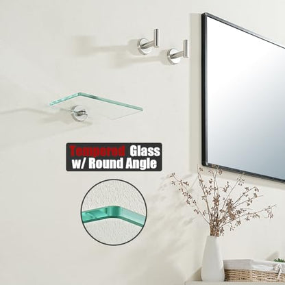 JQK Bathroom Glass Shelf, Tempered Glass Shower Storage 8 by 5 inches, 304 Stainless Steel Brushed Finish Wall Mount, TGS101L8-BN - color: Brushed, size: 8 Inch (1 Pack)