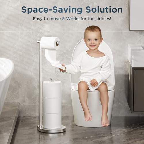 theaoo Heavy-Duty Toilet Paper Holder Stand, Bathroom Storage, Silver | Freestanding Toilet Tissue Paper Roll Holder with Reserve Storage. Stainless Steel Stand For Bathroom, Holds Extra Rolls - color: Silver