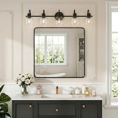 URSOLA 5 Lights 40" Bathroom Vanity Light Fixtures, Matte Black Traditional Classic Vanity Light with Clear Glass, Bathroom Lighting Fixtures Over Mirror - color: Black, size: 5 Lights
