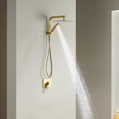 Brushed Gold Shower System with 10Inch Rain Shower Heads with Handheld Spray Combo, Gold Shower Faucet Set with Rain Shower and Handheld, Gold Shower Head and Handle Set(Shower Valve Kit Included) - color: Brushed Gold