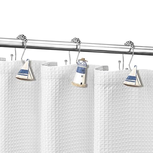 Sunlit Nautical Double Shower Curtain Hooks, Home Decorative Coastal Shower Curtain Rings for Bathroom, Resin, Ocean Shower Curtain Hanger Hooks for Living Room, Set of 12, Blue Lighthouse Sailboat - size: Sailboat & Lighthouse With Double Hooks