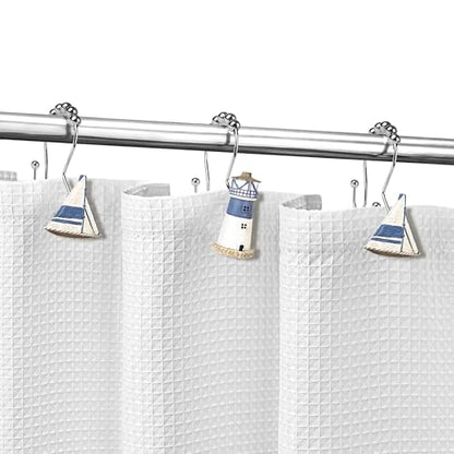 Sunlit Nautical Double Shower Curtain Hooks, Home Decorative Coastal Shower Curtain Rings for Bathroom, Resin, Ocean Shower Curtain Hanger Hooks for Living Room, Set of 12, Blue Lighthouse Sailboat - size: Sailboat & Lighthouse With Double Hooks