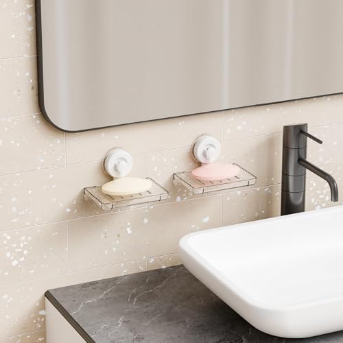 SUOXING 2 Pcs Soap Dish Holder for Shower Suction Cup Wall Mounted Self Draining NO-Drilling Removable Sponge & Bar Soap Holder,Shower Soap Rack & Shelf for Bathroom Bathtub Kitchen Sink,Plastic,Clear - color: Clear