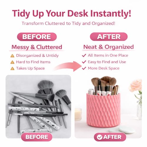 Pink Makeup Brush Holder, 360° Rotating Makeup Organizer | Cute 5-slot spinning vanity caddy for makeup brushes, lipstick & hair accessories — bathroom, dorm & office desk - style: Pink