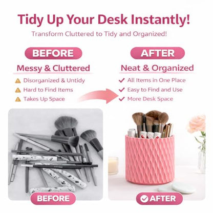 Pink Makeup Brush Holder, 360° Rotating Makeup Organizer | Cute 5-slot spinning vanity caddy for makeup brushes, lipstick & hair accessories — bathroom, dorm & office desk - style: Pink