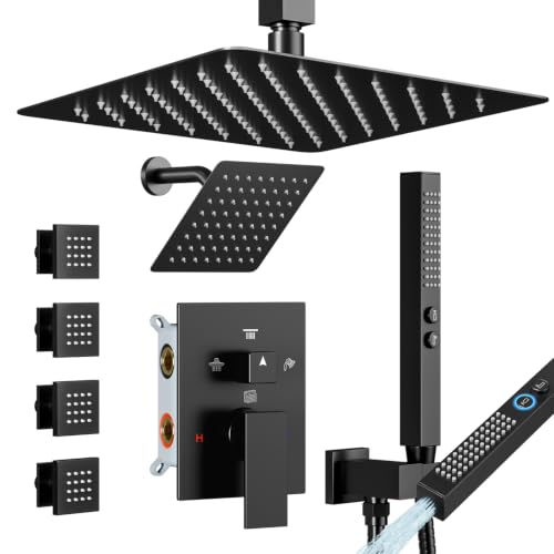 Shower System with Body Jets Matte Black, STARBATH 4 Way 12+6" Shower Faucet Sets Complete with 2 in 1 Handheld,Ceiling Mounted Rainfall Dual Shower Head with 4 Body Spray Jets, Shower Jets System - color: Matte Black, size: 6"+12"-03