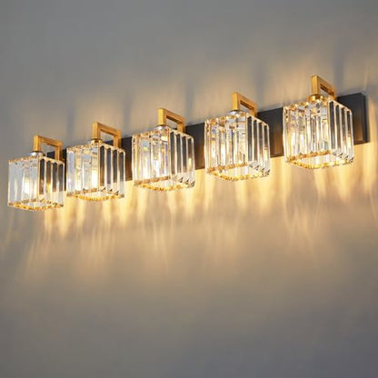 Modern Bathroom Vanity Light 5-Lights Black Gold Crystal Wall Lamp Bathroom Modern Crystal Vanity Lighting - color: Black+Gold Crooked, size: 5-light