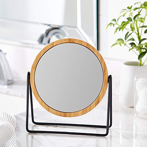 Amazon Basics Vanity Round Tabletop Mirror with Bamboo Rim, Double Sided Magnifying, 360° Rotation, Black, 7.2"L x 2.87"W - size: 7.2"L x 2.9"W, style: Bamboo Rim Without Base