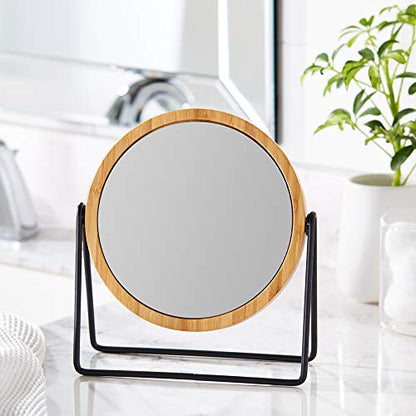 Amazon Basics Vanity Round Tabletop Mirror with Bamboo Rim, Double Sided Magnifying, 360° Rotation, Black, 7.2"L x 2.87"W - size: 7.2"L x 2.9"W, style: Bamboo Rim Without Base