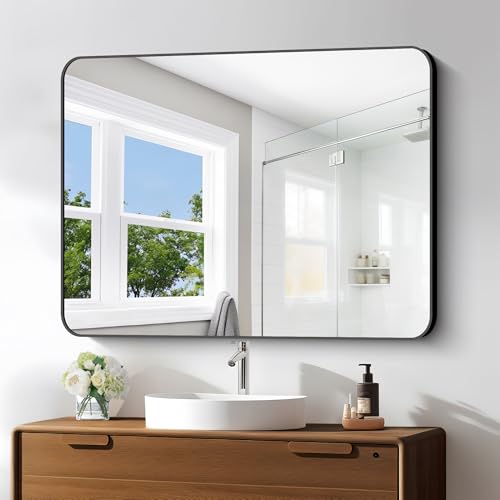 BONEWEI 30x40 inch Bathroom Mirror,Black Rectangle Mirror,Wall Mounted Bathroom Frame Vanity Mirror with Round Corner for Bedroom Living Room, Entryway Hangs Horizontal or Vertical - color: Black Rounded Rectangle, size: 40"L x 30"W