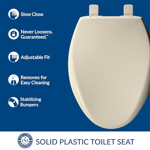 Bemis Aurora Slow Close Toilet Seat, Easy Clean Hinges and Adjustable Perfect Fit Plastic Seat, Made in USA, Elongated, Almond - color: Almond, size: Elongated