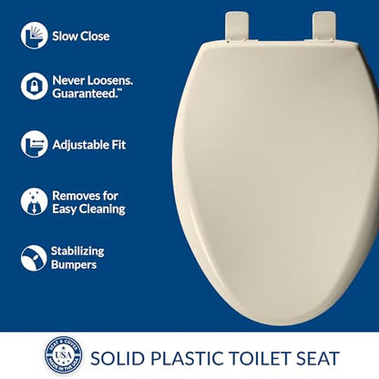 Bemis Aurora Slow Close Toilet Seat, Easy Clean Hinges and Adjustable Perfect Fit Plastic Seat, Made in USA, Elongated, Almond - color: Almond, size: Elongated