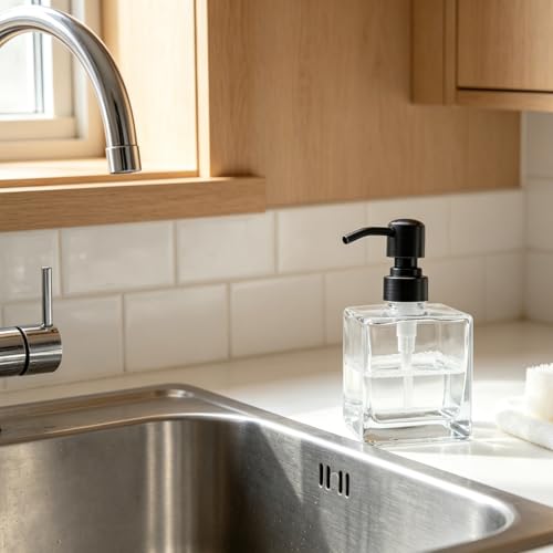 Square Bathroom Soap Dispenser Oil Rubbed Bronze, Glass Bottles with Stainless Steel Pump Retangle Cube Liquid Soap Dispenser Hand Kitchen with Waterproof Lables - color: Oil Rubbed Bronze