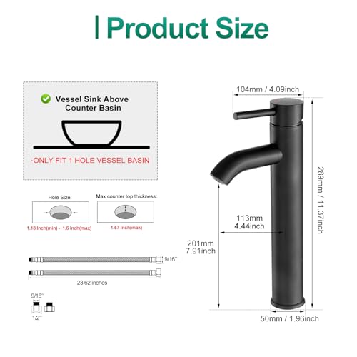 VOTON Vessel Sink Faucet Chrome Modern Tall Bathroom Faucets Single Handle One Hole Rv Vanity Lavatory Bathroom Sink Faucet - color: T-Black, size: Tall
