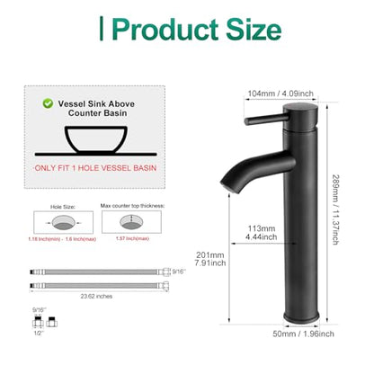 VOTON Vessel Sink Faucet Chrome Modern Tall Bathroom Faucets Single Handle One Hole Rv Vanity Lavatory Bathroom Sink Faucet - color: T-Black, size: Tall