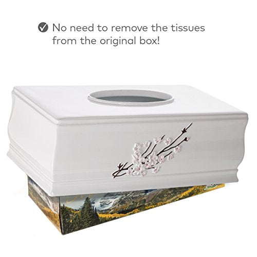 Creative Scents Vanda Rectangle Tissue Box Cover with Bottom Slider | White Tissue Box Holder Rectangular Cherry Blossom Design White Bathroom Accessories Decor - style: Rectangle Tissue Box