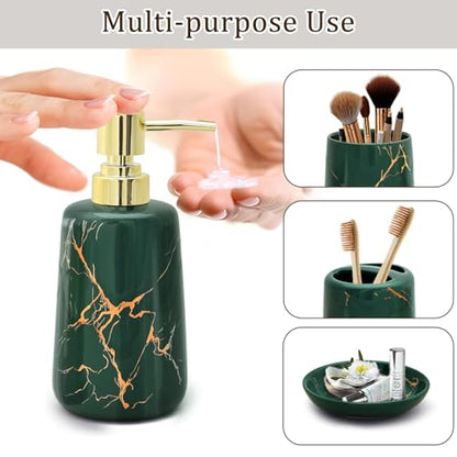 CERBIOR Bathroom Accessories Set,4 Pcs Ceramic Bathroom Accessory,Green | Includes Toothbrush Holder, Toothbrush Cup, Soap Dish for Decorative Countertop and Housewarming Gift - style: Dark Green