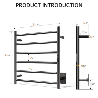 Towel Warmer Rack, Heated Towel Racks for Bathroom, Wall Mounted Towel Warmer, Stainless Steel 6-Bars Drying Rack with Intelligent Touch Screen Timer, Matte Black