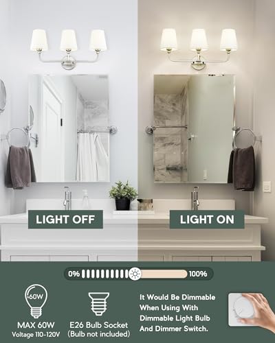 Bathroom Light Fixtures, Brushed Nickel Vanity Lights with Flared White Fabric Shade, 3 Light Wall Sconce, Modern Sconces Wall Lighting for Hallway Bedroom, VL837-BN-3 | 24.5" bathroom light fixtures over mirror, upward only, E26 base, bulbs not included,