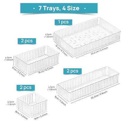 Vtopmart 7 PCS Clear Makeup Drawer Organizers Bins, 4-Size Stackable Makeup and Vanity Organizer Trays, Acrylic Bathroom Storage Containers for Cosmetic, Toiletries, Office Supply, Utensils, Gadgets | Vanity Organizer Trays for Makeup, Cosmetics, Jewelry,