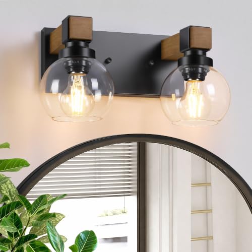 Farmhouse Bathroom Vanity Light, 2-Light Wood Bathroom Light Fixtures Over Mirror, Black Vanity Lighting Fixtures with Glass Shades, Rustic Bathroom Lighting for Living Room Bedroom Hallway - size: 2-Light