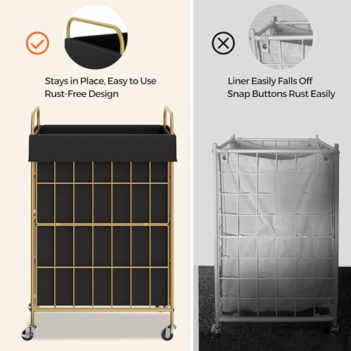 90L Laundry Hamper with Wheels, Laundry Basket with Handle and Liner Bag | Lockable Casters; Reinforced Frame; Breathable Fabric; Space-Efficient Design - color: Golden+Black, size: 90L-1 Section