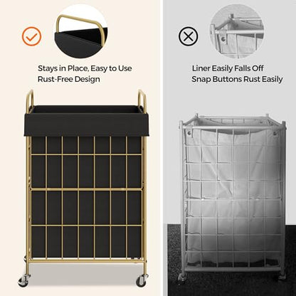 90L Laundry Hamper with Wheels, Laundry Basket with Handle and Liner Bag | Lockable Casters; Reinforced Frame; Breathable Fabric; Space-Efficient Design - color: Golden+Black, size: 90L-1 Section