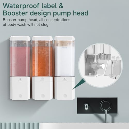 Shampoo and Conditioner Dispenser 3 Chamber No Drill Shampoo Dispenser for Shower Wall Mounted Shower Soap Dispenser 3 * 500ml Refillable Shower Dispenser for Bathroom Hotel(White 3 Chamber) - color: White-clear-3
