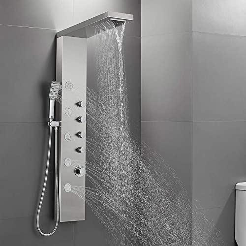 LED Light Shower Panel Tower Rainfall Waterfall Shower Head with Massager Jets Body System Jet Black B (Color : Brushed Nickel D) - color: Brushed Nickel D