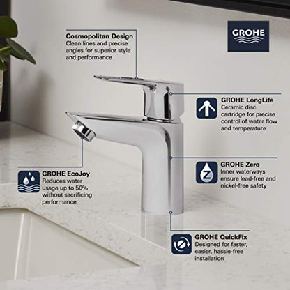 GROHE BauLoop Bathroom Sink Faucet, Single Hole Deck Mount,Starlight Chrome | Single Hole Vanity Faucet: Comfortable Angled Spout, Water Saving 1.2 GPM, Smooth Valve, Metal Body, No Drain | 23085001 - size: S-Size - No Drain