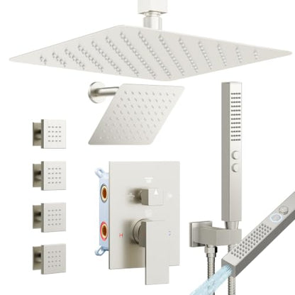 Rainfall Shower System with 4 Body Spray Jets, STARBATH 4 Way 12 + 6"Rainfall Shower Head with Handheld Combo, Shower Jets System High Pressure Shower Faucet Set, Brushed Nickel - color: Brushed Nickel, size: 6"+12"-03