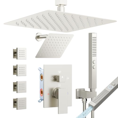 Rainfall Shower System with 4 Body Spray Jets, STARBATH 4 Way 12 + 6"Rainfall Shower Head with Handheld Combo, Shower Jets System High Pressure Shower Faucet Set, Brushed Nickel - color: Brushed Nickel, size: 6"+12"-03