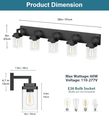 Matte Black Bathroom Light Fixtures, Modern Vanity Lights with Clear Glass Lamp Shade, Bathroom Lighting Fixtures Over Mirror, Restroom Vanity Lighting Fixture, 5-Light 36 Inch - color: Blakc, size: 5-Light