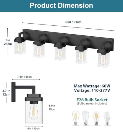 Matte Black Bathroom Light Fixtures, Modern Vanity Lights with Clear Glass Lamp Shade, Bathroom Lighting Fixtures Over Mirror, Restroom Vanity Lighting Fixture, 5-Light 36 Inch - color: Blakc, size: 5-Light