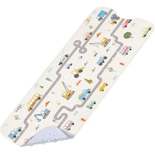 SHUCHING Baby Bath Mat for Tub Non Slip-40x16 Inch, Car and Road | Bathtub Mat for Kids & Toddler Mold Free, Long Shower Mat for Inside Shower with Suction Cup, Machine Washable - color: Car and Road