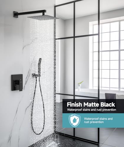 SR SUN RISE Shower System 10 Inch Rainfall Brass Valve Trim Kit Black | Wall-Mounted Rainfall Shower Set with Valve, Pressure Balance for Stable Temp, 304 Steel, Lead-Free Waterway, Leak-Resistant - color: Matte Black, size: 10 Inch