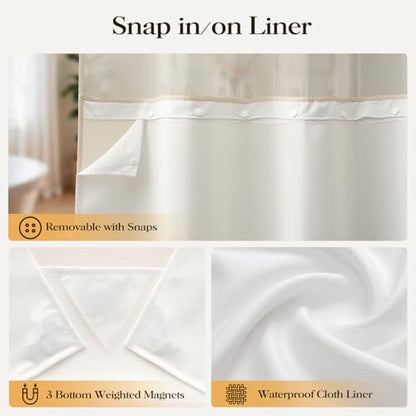 Cream Ringless Boho Stripe Tassel Shower Curtain with Snap Liner 72x75 | Heavy Duty Linen Blend, 3 in 1 Shower Curtain Set, Farmhouse Style, Waterproof & Washable, Mesh Top Window, Easy to Install - color: A - Cream, size: 72"W x 75"L (Pack of 1)