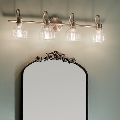 Kichler Avery 33.25" 4 Light Bathroom Vanity Light in Brushed Nickel, Vintage Bathroom Wall Mount Fixture with Clear Seeded Glass, (33.25" W x 9.25" H), 45974NI